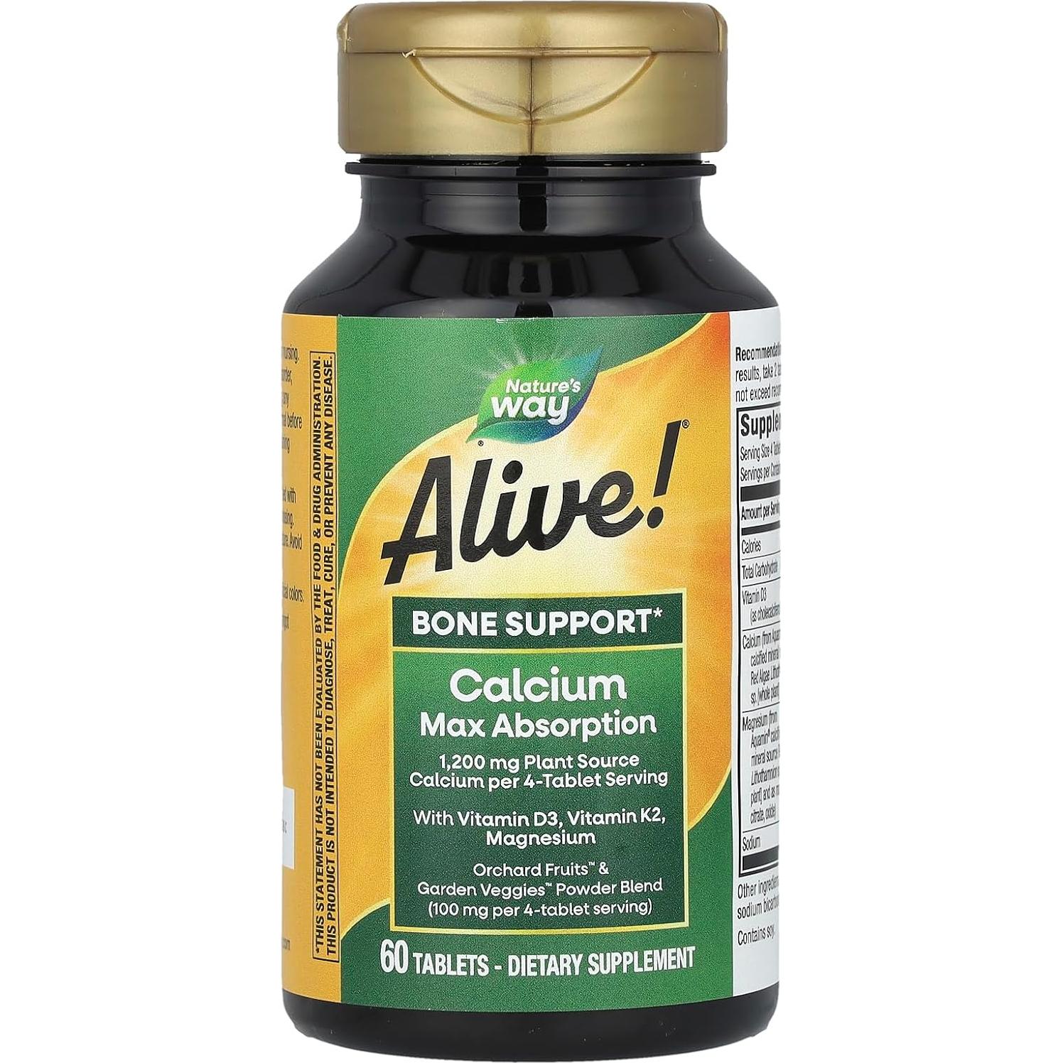 Nature's Way Alive! Calcio 1200 mg + D3, K2 y Magnesio 60 Tabletas