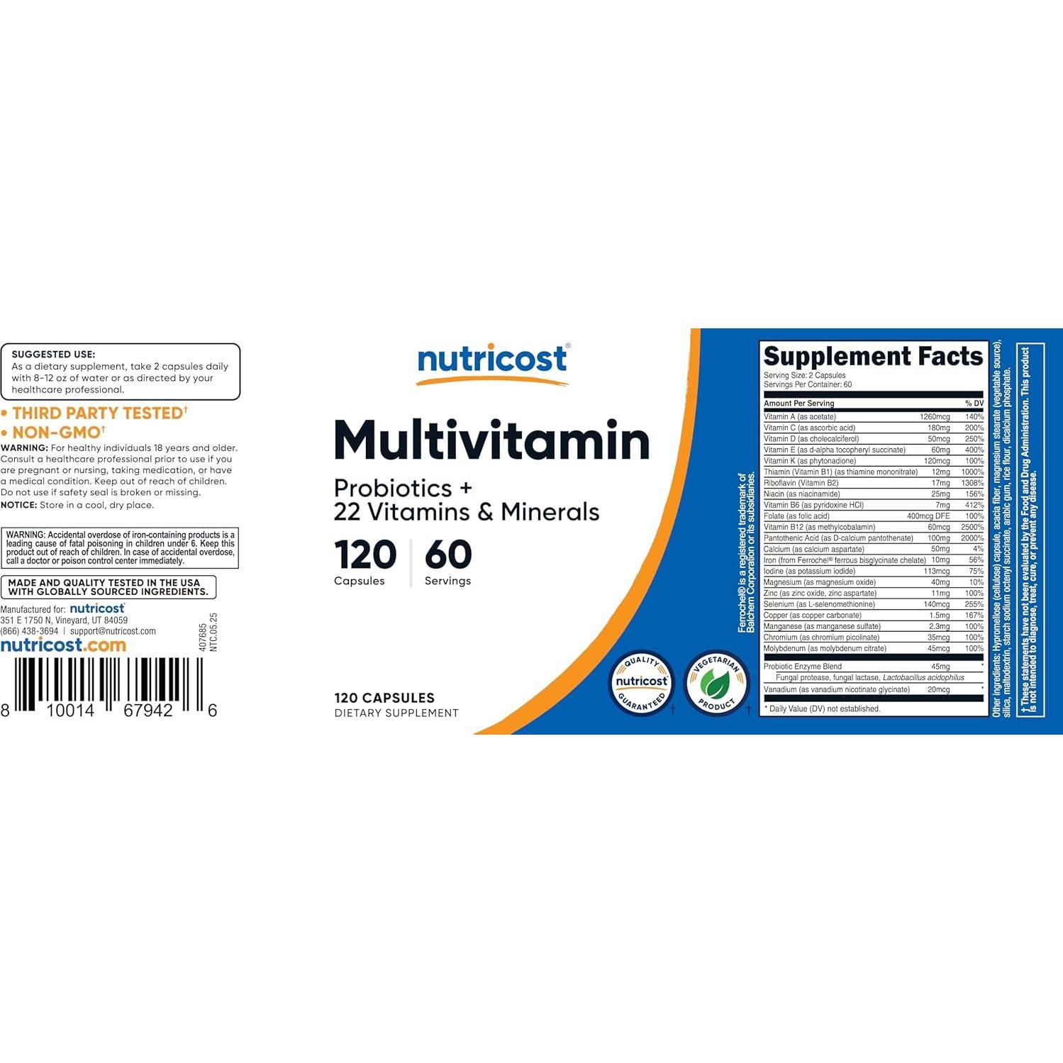 Multivitamina Nutricost con Probióticos 120 Cápsulas Vegetarianas