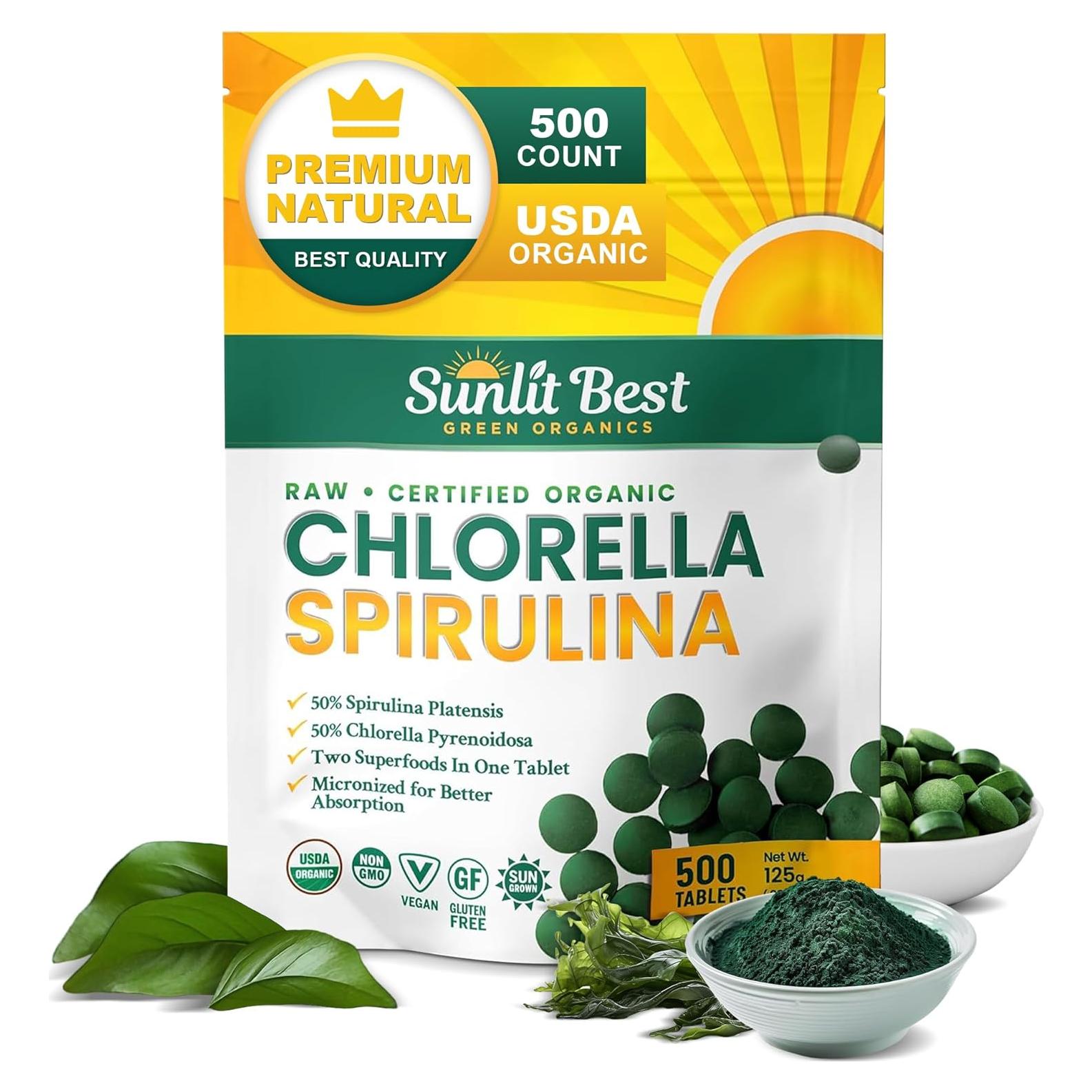 Tabletas de Chlorella y Espirulina Sunlit 500 Piezas - Orgánico