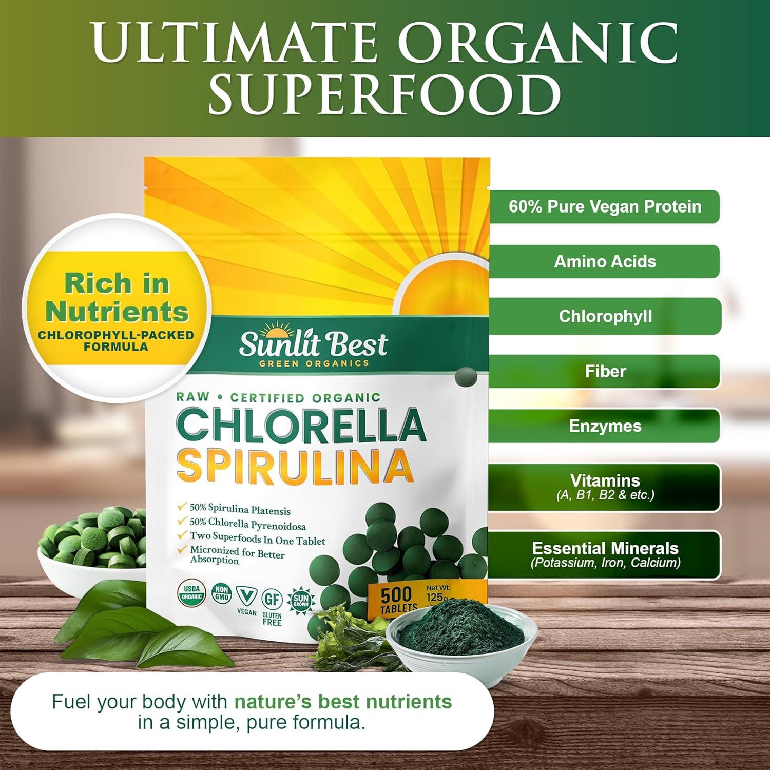 Tabletas de Chlorella y Espirulina Sunlit 500 Piezas - Orgánico