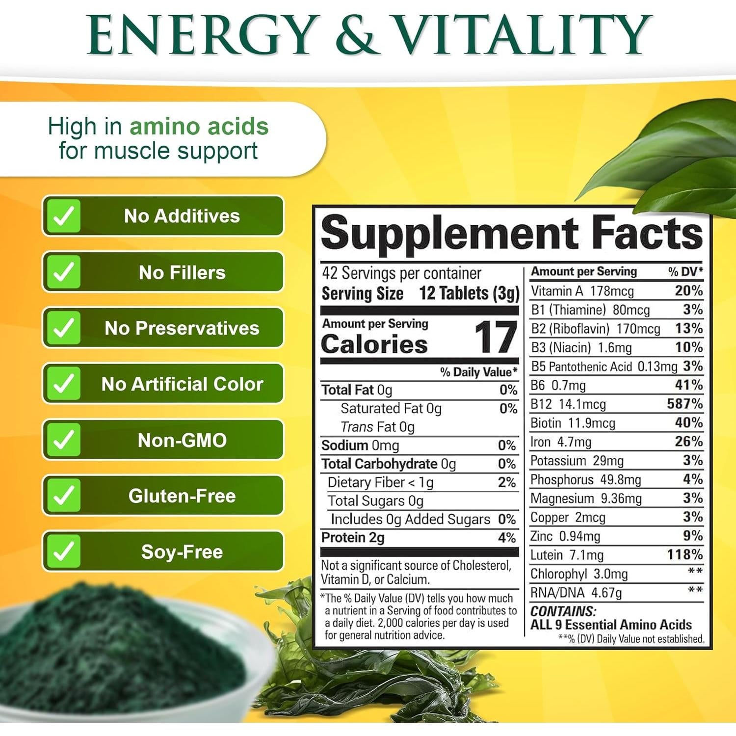 Tabletas de Chlorella y Espirulina Sunlit 500 Piezas - Orgánico