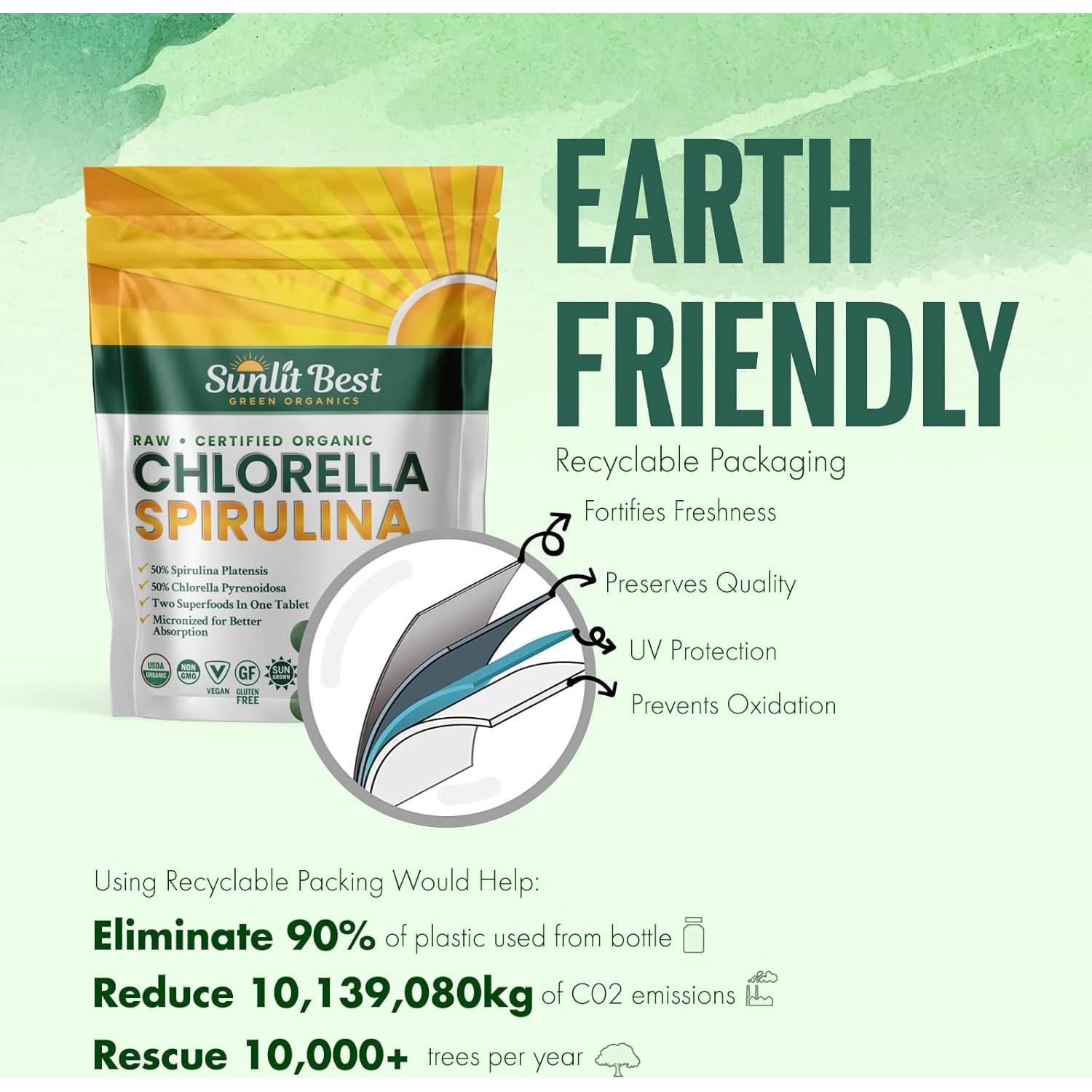 Tabletas de Chlorella y Espirulina Sunlit 500 Piezas - Orgánico