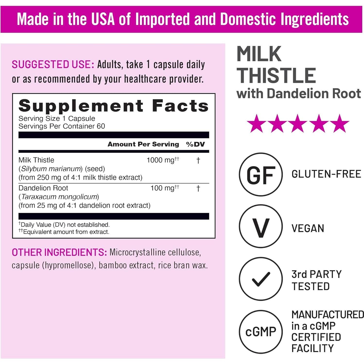 NatureWise Cardo Mariano 1000 mg + Diente de León 100 mg - 60 Cápsulas Veganas