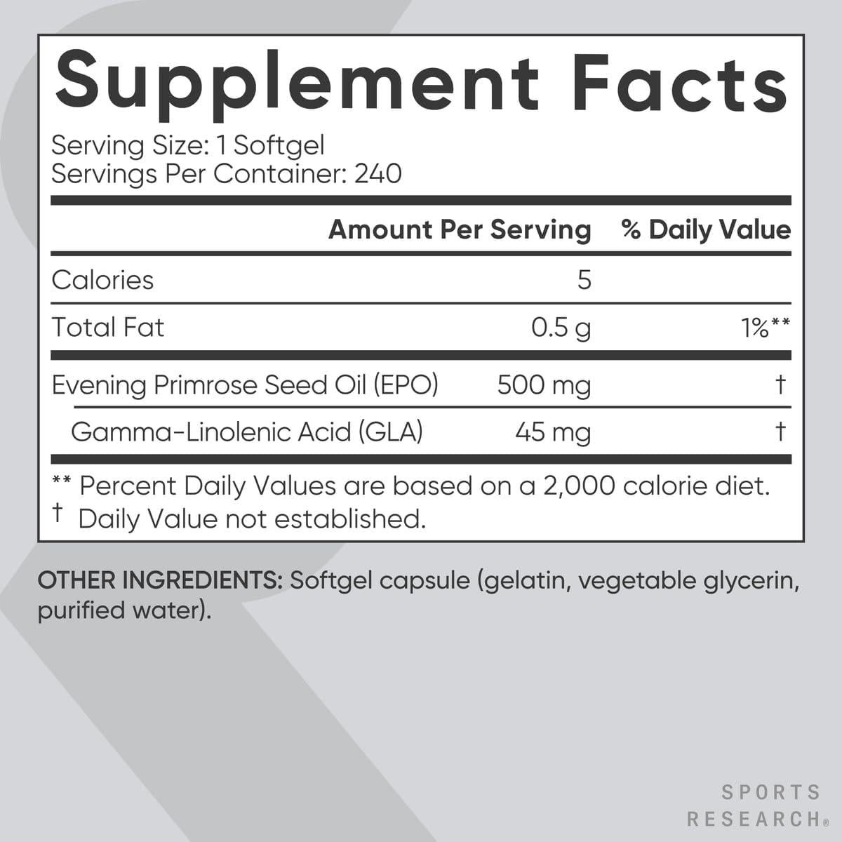 Aceite de Onagra Sports Research 500mg 240 Cápsulas Blandas