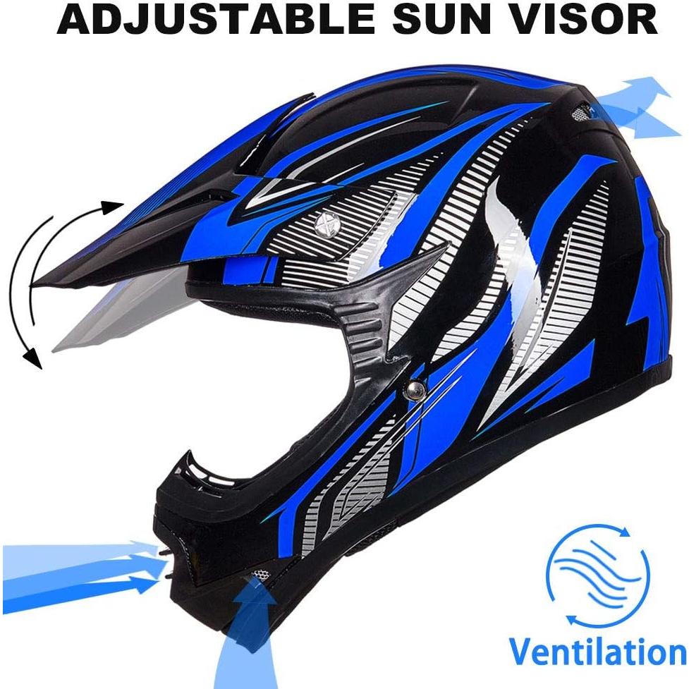 Casco ATV ILM para Niños Joven-XL Azul/Plata con Gafas y Guantes