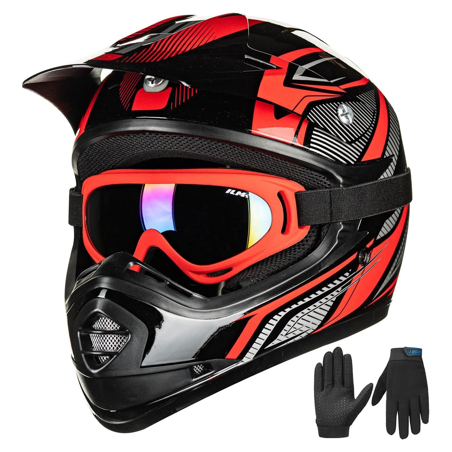 Casco de Motocross ILM Juvenil-XL Rojo/Plata con Gafas y Guantes