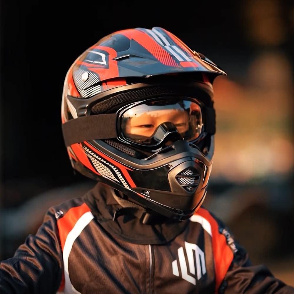 Casco de Motocross ILM Juvenil-XL Rojo/Plata con Gafas y Guantes