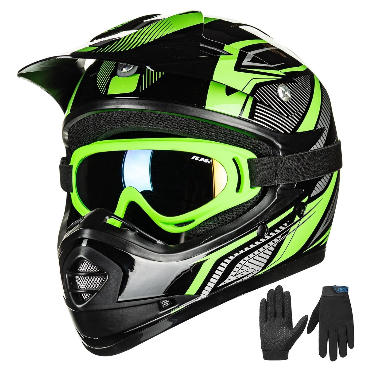 Casco de Motocross ILM para Niños Verde/Plata con Gafas y Guantes
