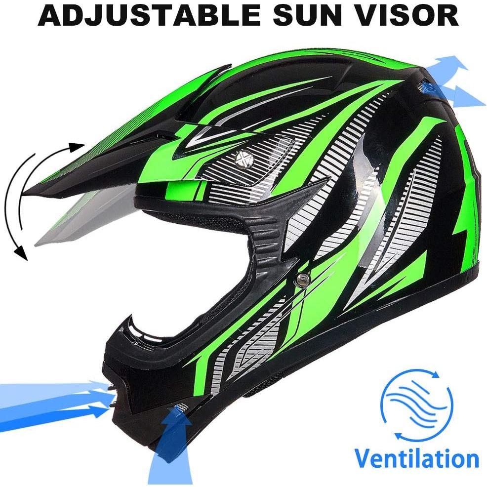 Casco de Motocross ILM para Niños Verde/Plata con Gafas y Guantes