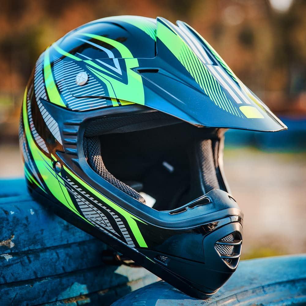 Casco de Motocross ILM para Niños Verde/Plata con Gafas y Guantes
