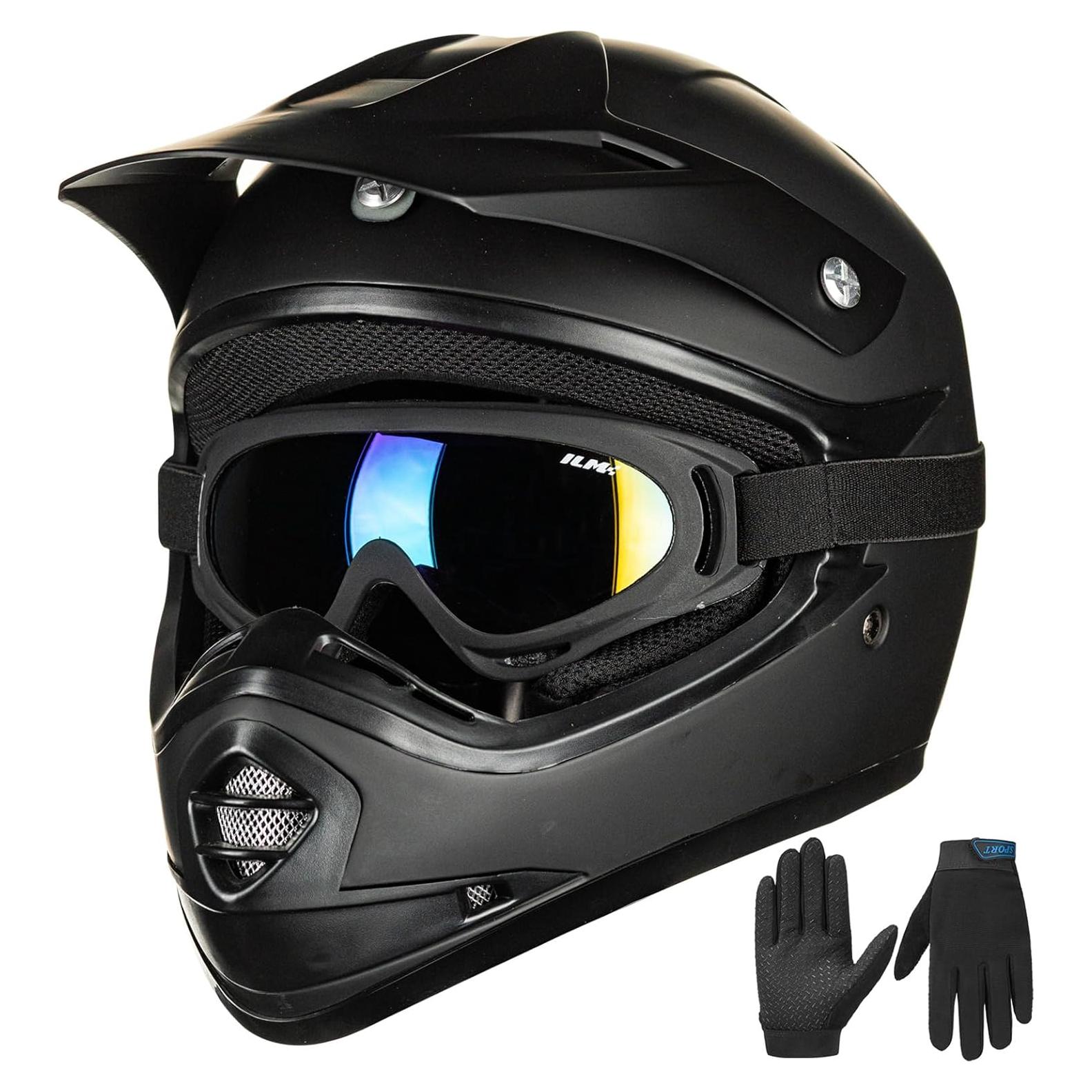 Casco de Motocross ILM para Niños XL Negro Mate con Gafas y Guantes