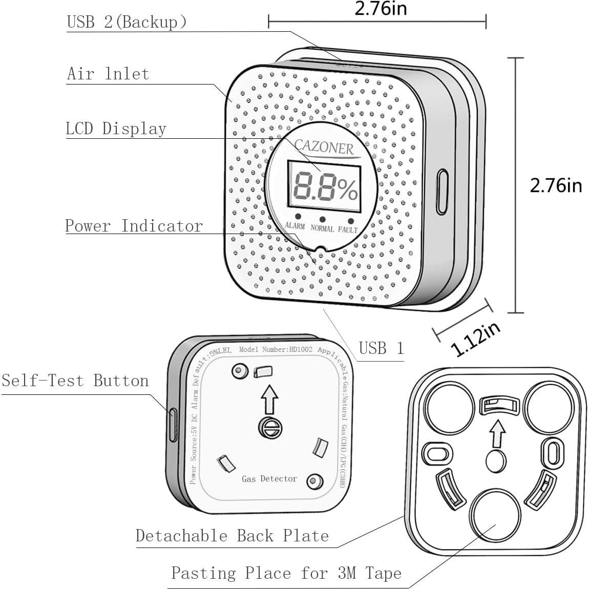 Detector de Gas CAZONER HD1002 USB Enchufable 10 Años Vida Útil
