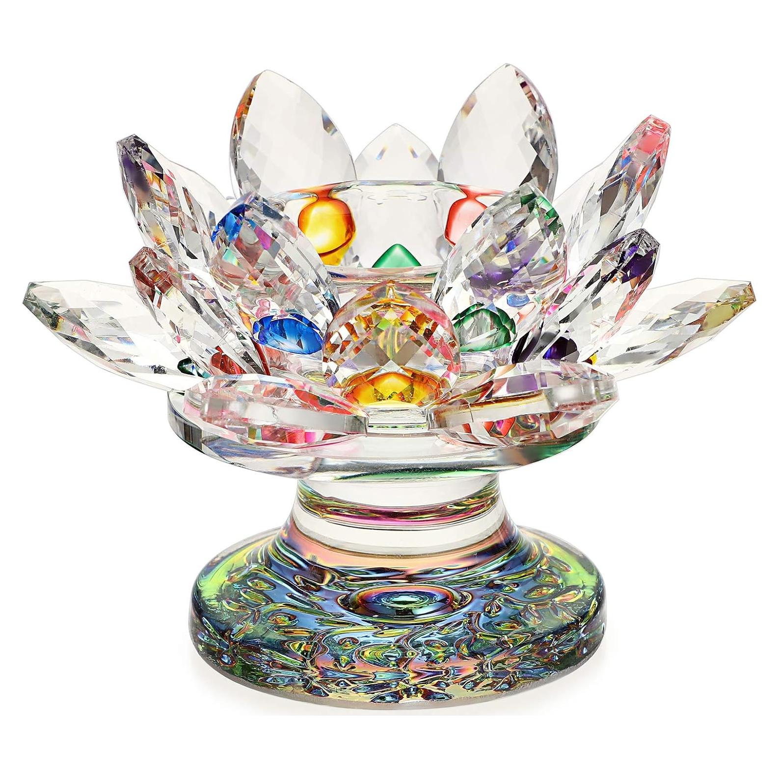 Soporte para Vela de Té de Cristal OwnMy Flor de Loto Colorido