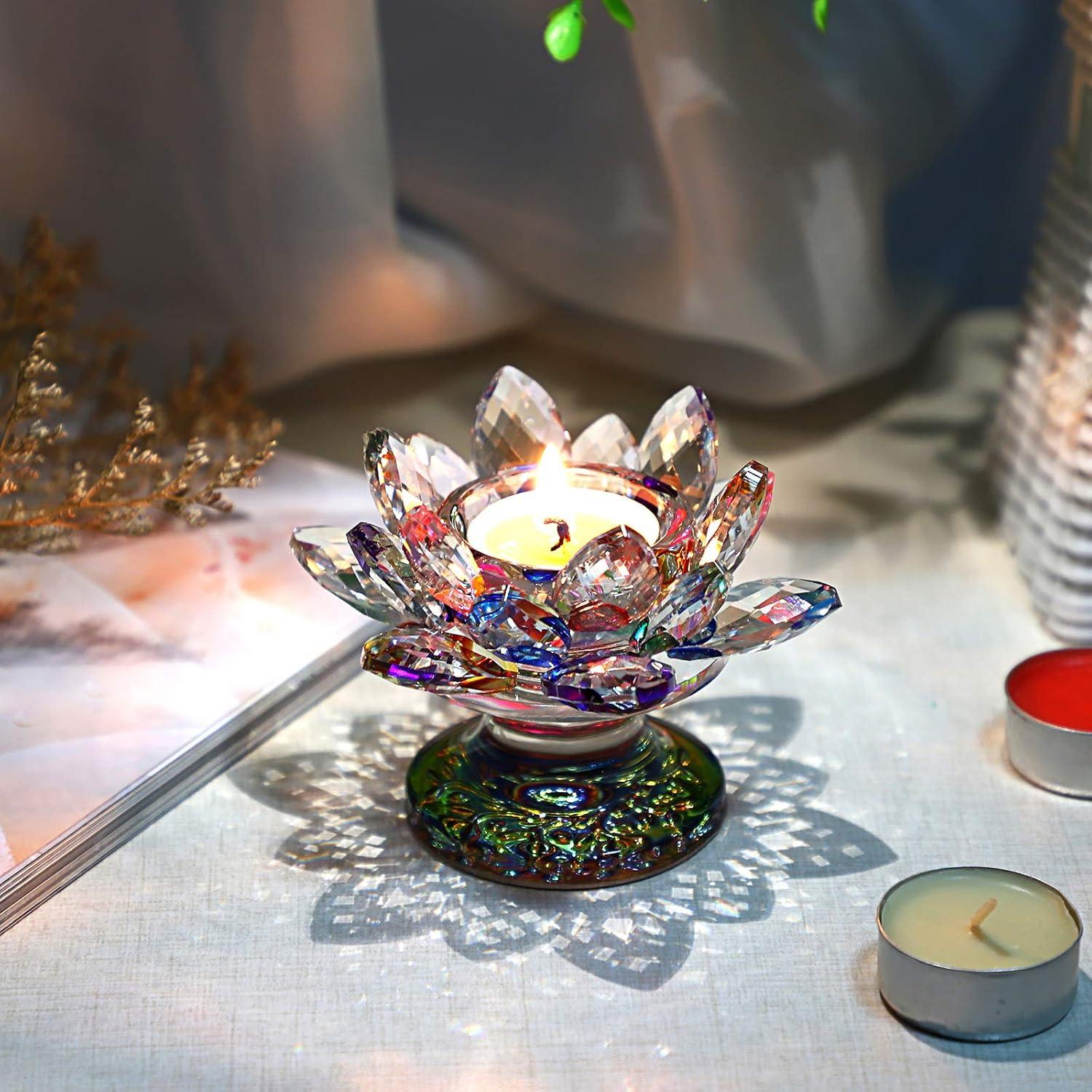 Soporte para Vela de Té de Cristal OwnMy Flor de Loto Colorido
