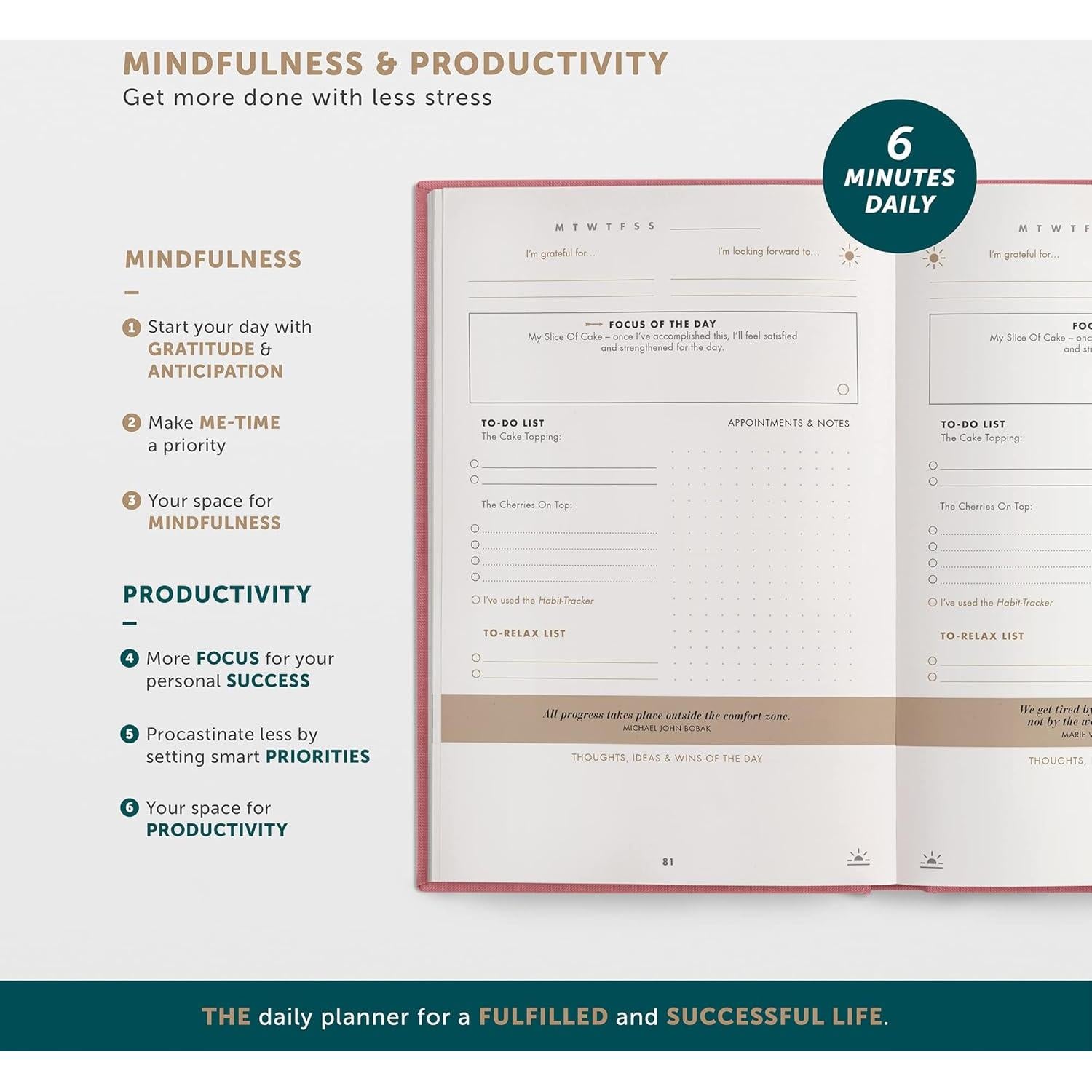 Diario de 6 Minutos UrBestSelf - Autocuidado y Gratitud A5 Rosa