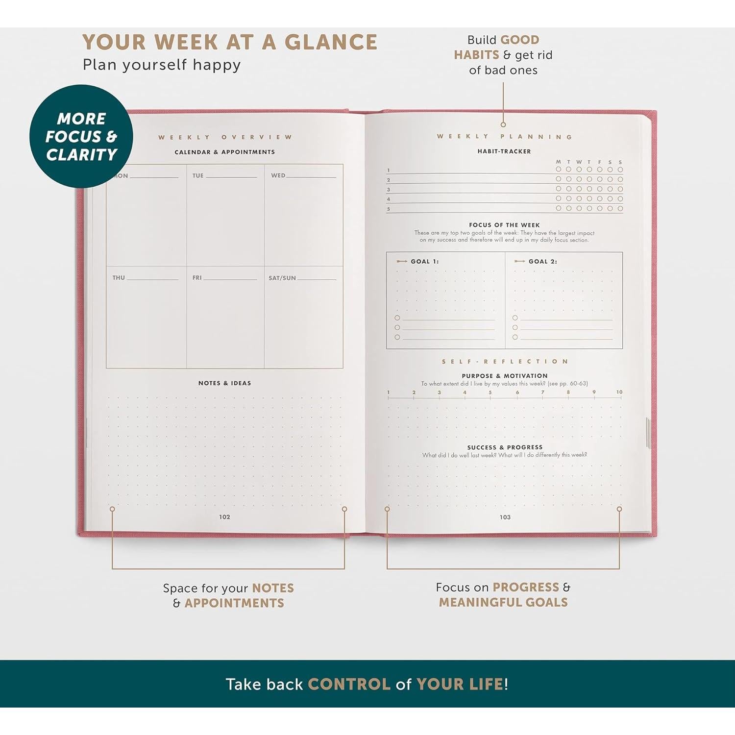 Diario de 6 Minutos UrBestSelf - Autocuidado y Gratitud A5 Rosa