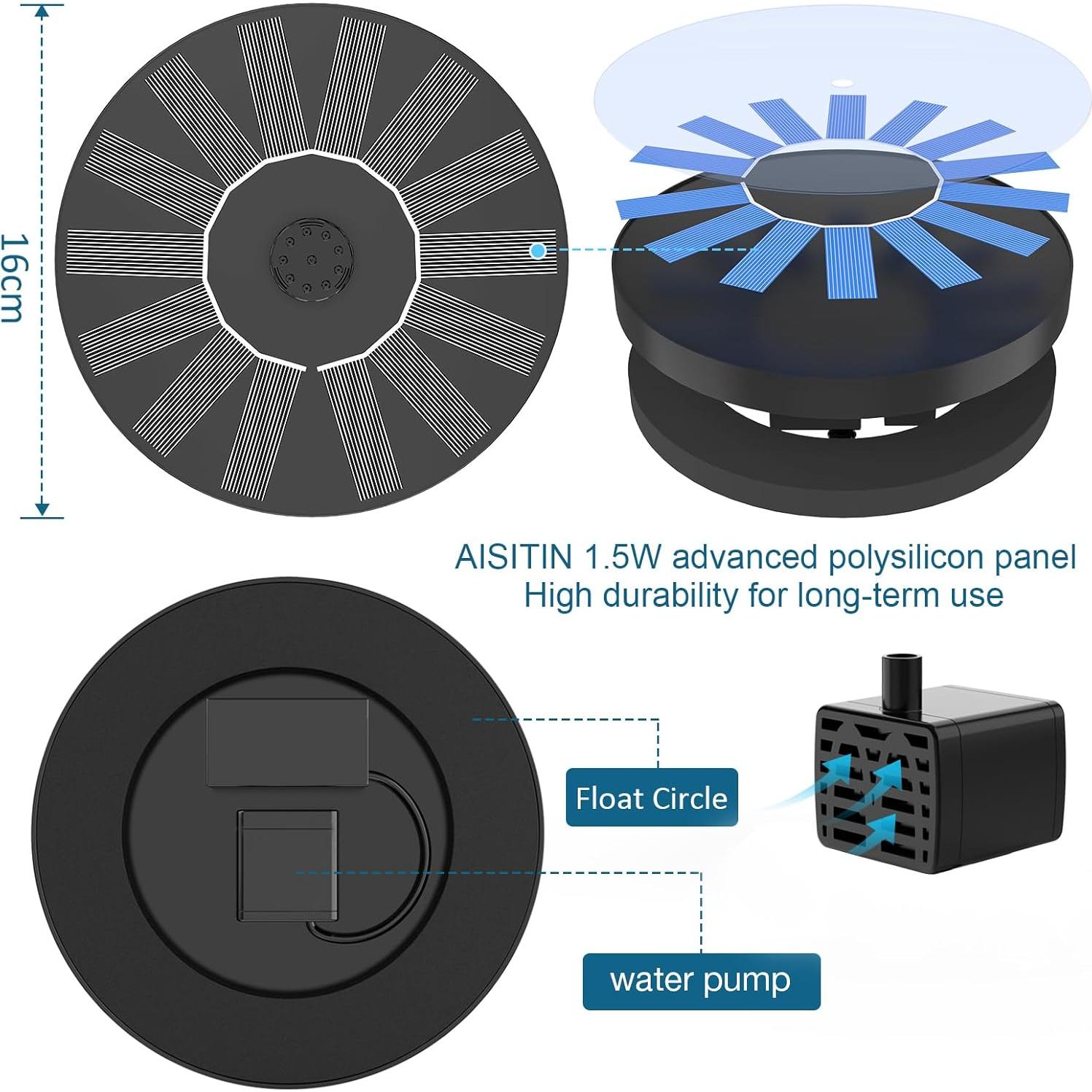 Bomba de Fuente Solar AISITIN 1.5W para Baño de Aves con 6 Boquillas