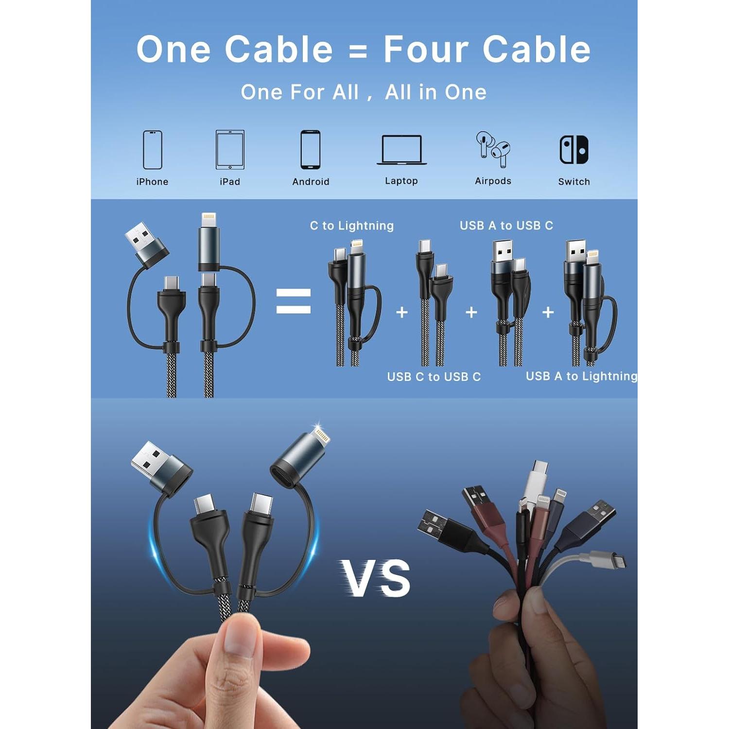 Cable de carga 4 en 1 XUDUO 0.91m USB C Lightning 60W