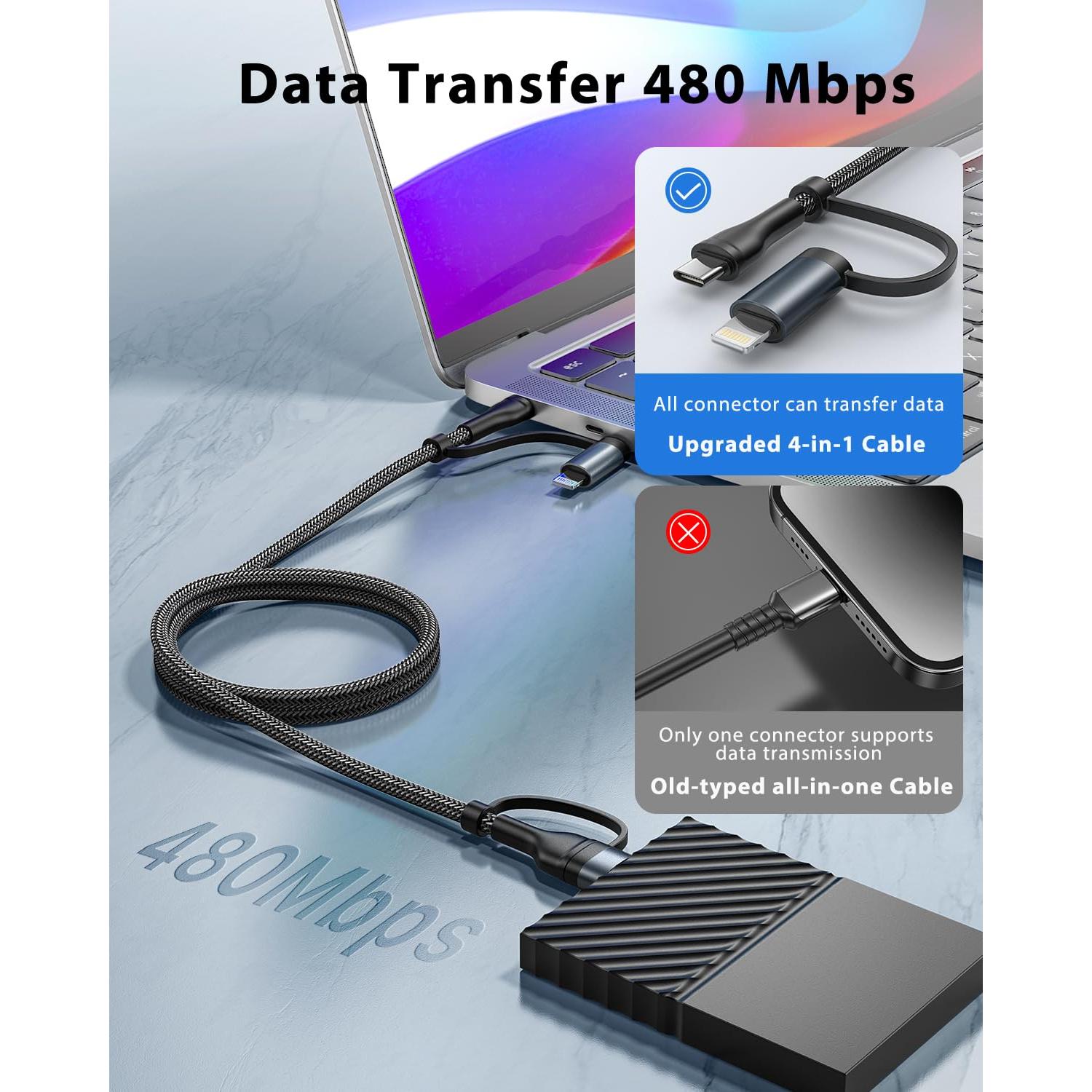 Cable de carga 4 en 1 XUDUO 0.91m USB C Lightning 60W