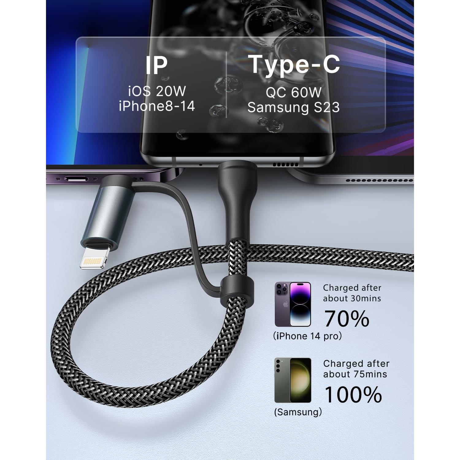 Cable de carga 4 en 1 XUDUO 0.91m USB C Lightning 60W