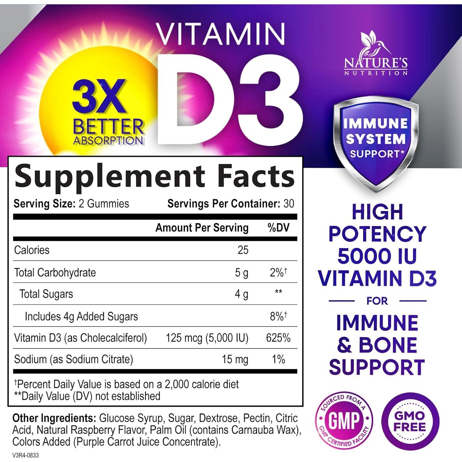 Suplemento de Vitamina D3 5000 UI Nature's Nutrition - 60 Gominolas Sabor Baya