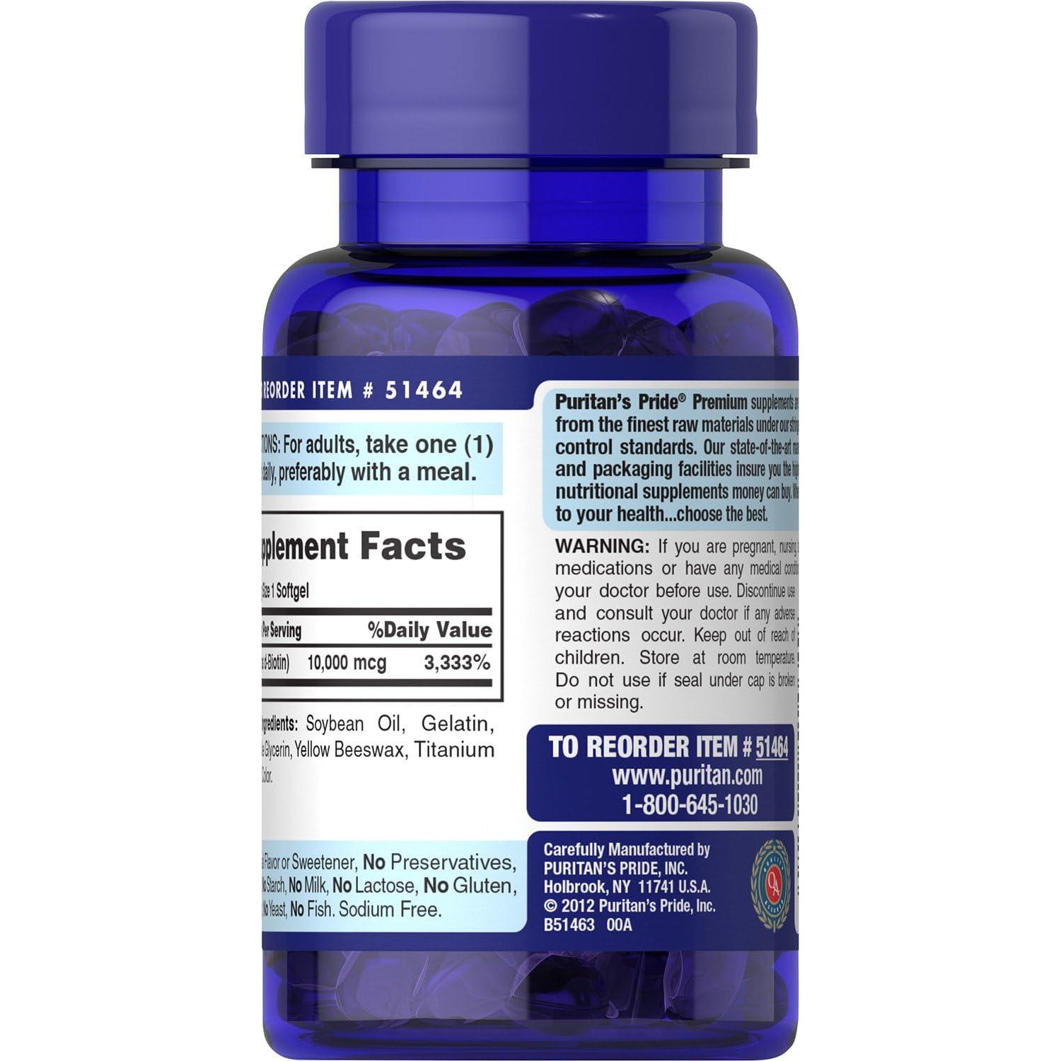 Biotina Puritan's Pride 10,000 mcg 100 Gelatinas Blandas