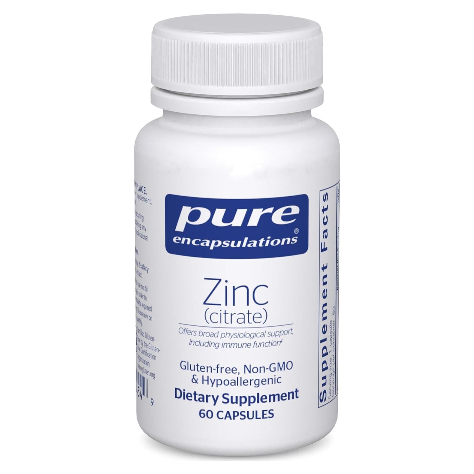 Suplemento Mineral Zinc Citrato Pure Encapsulations 60 Cápsulas