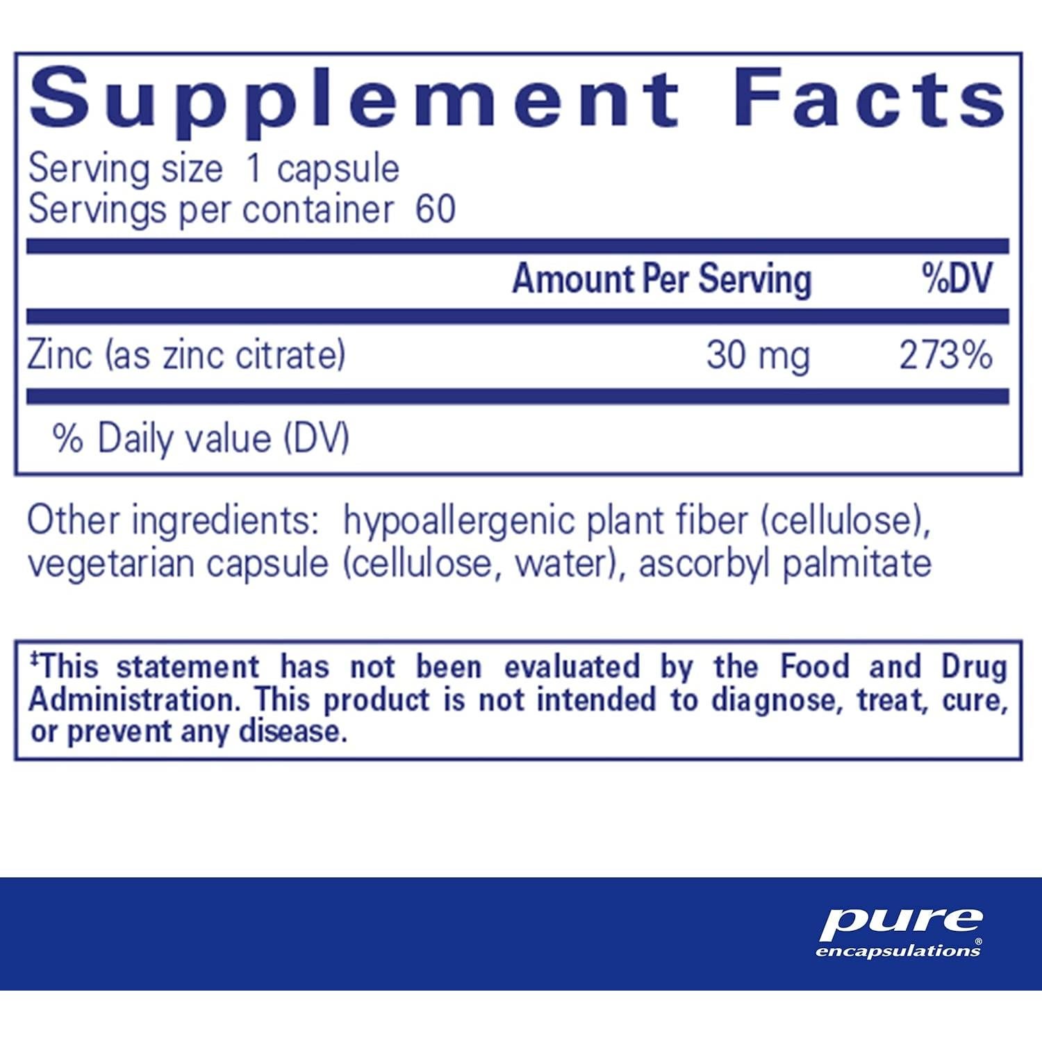 Suplemento Mineral Zinc Citrato Pure Encapsulations 60 Cápsulas