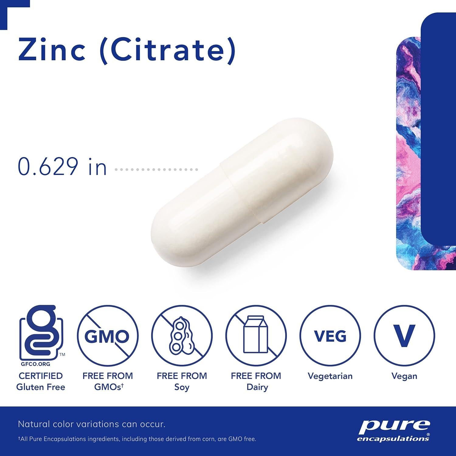Suplemento Mineral Zinc Citrato Pure Encapsulations 60 Cápsulas