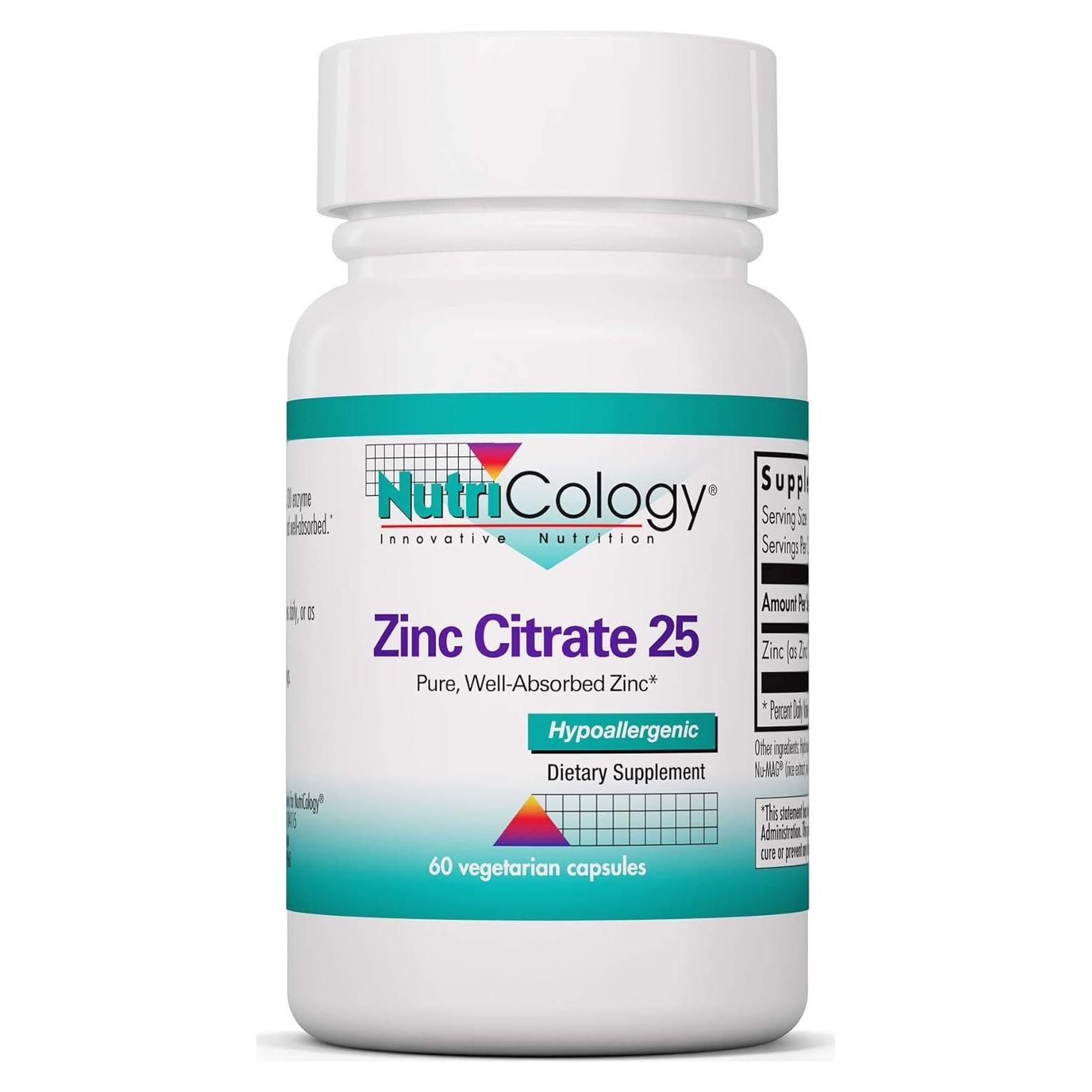 Suplemento de Citrato de Zinc NutriCology 25mg - 60 Cápsulas