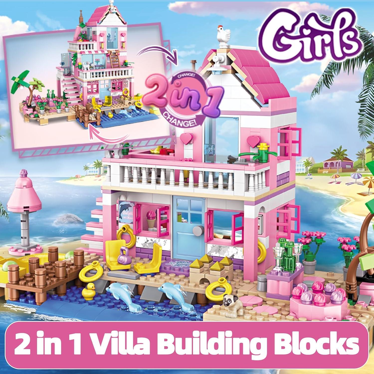 Conjunto de Construcción Villa de Playa Costera Rosa 822 Piezas