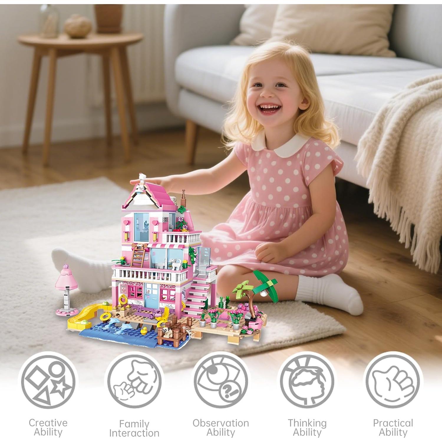 Conjunto de Construcción Villa de Playa Costera Rosa 822 Piezas