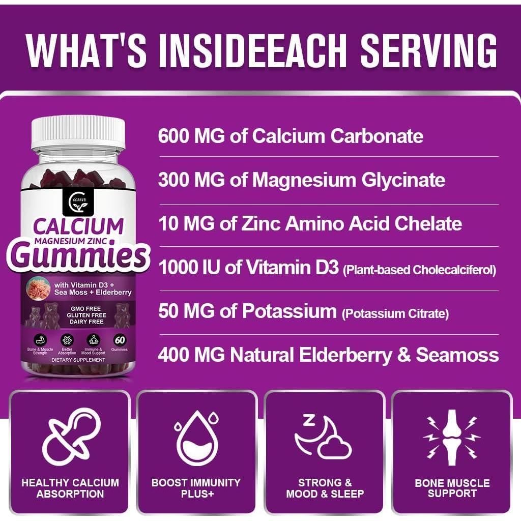 Gomitas de Calcio Magnesio Zinc GORNVB 300mg Veganas 60 Unidades