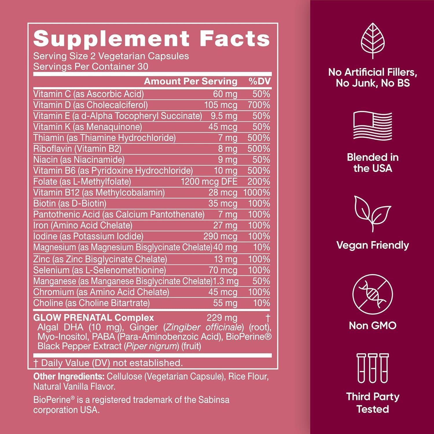 Vitaminas Prenatales Glow Eu Natural - 60 Cápsulas DHA y Ácido Fólico