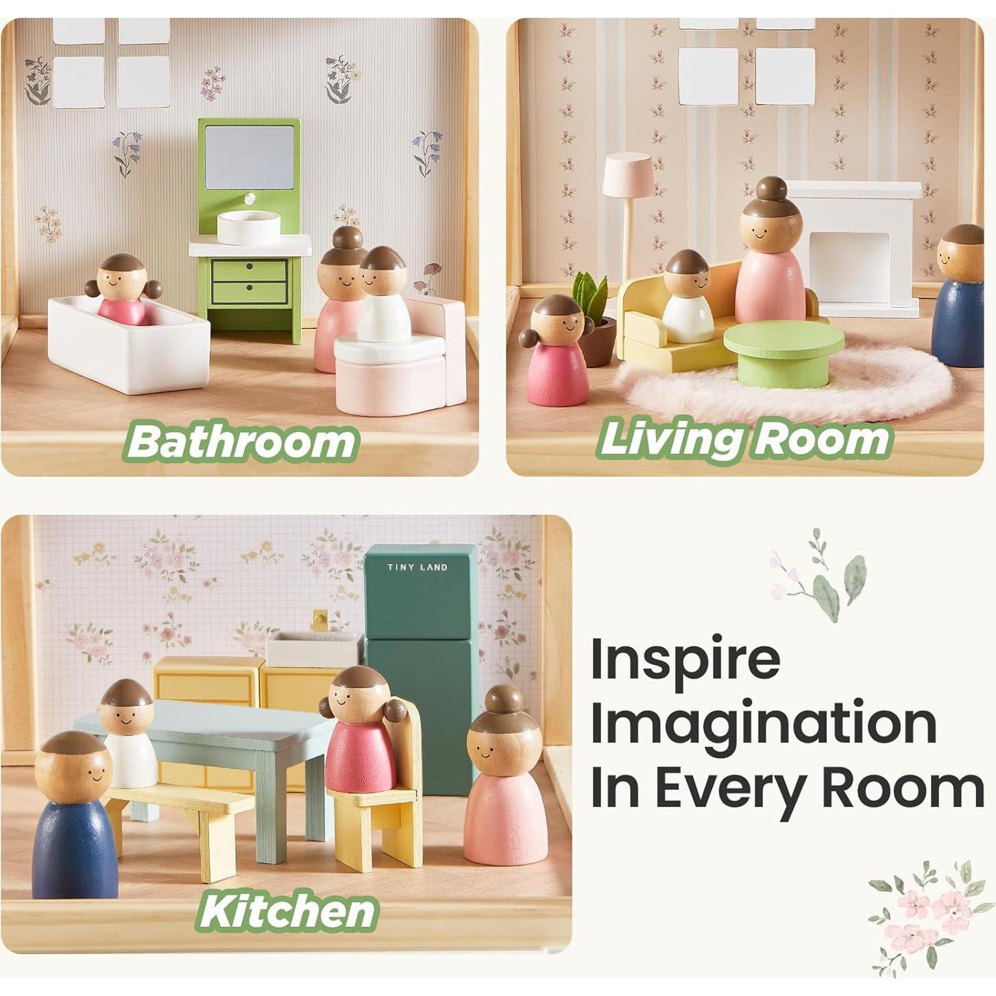 Casa de Muñecas de Madera Tiny Land 6 Habitaciones Verde