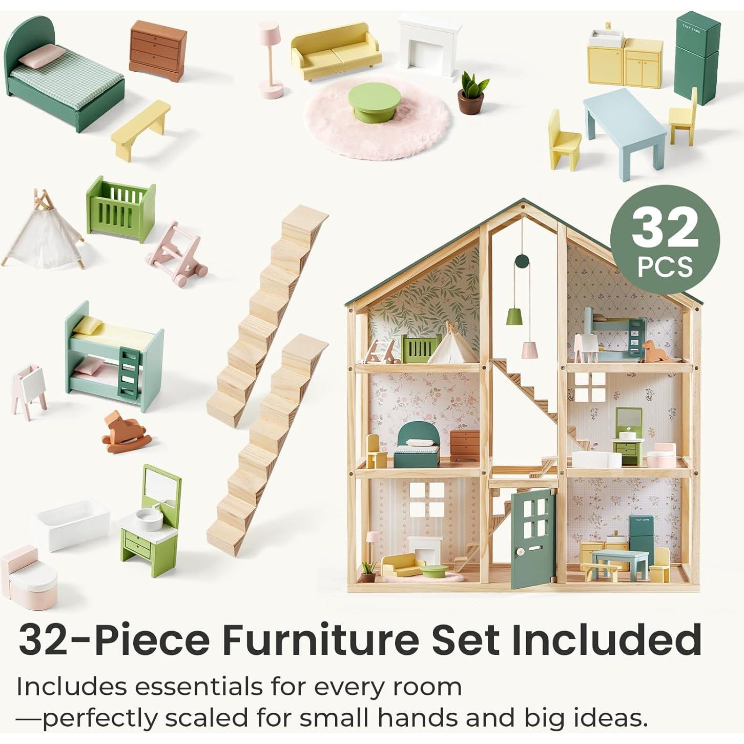 Casa de Muñecas de Madera Tiny Land 6 Habitaciones Verde