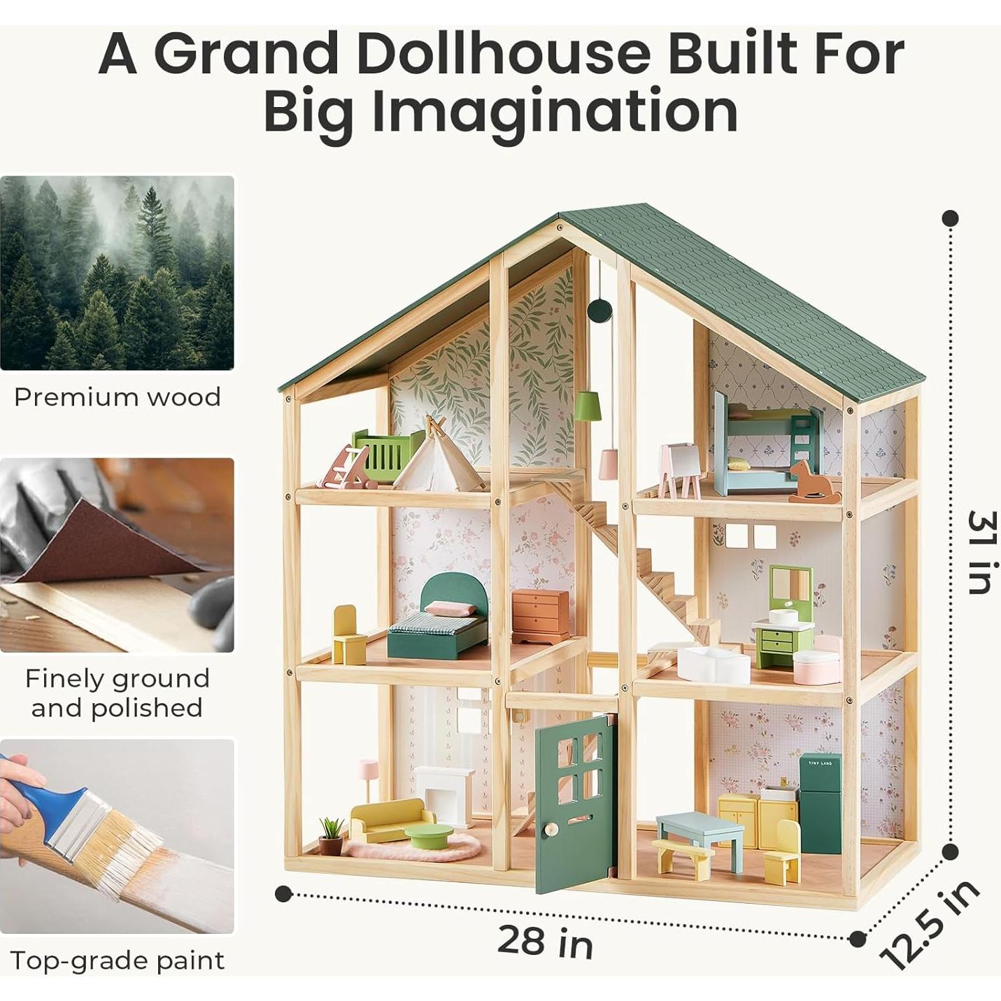 Casa de Muñecas de Madera Tiny Land 6 Habitaciones Verde