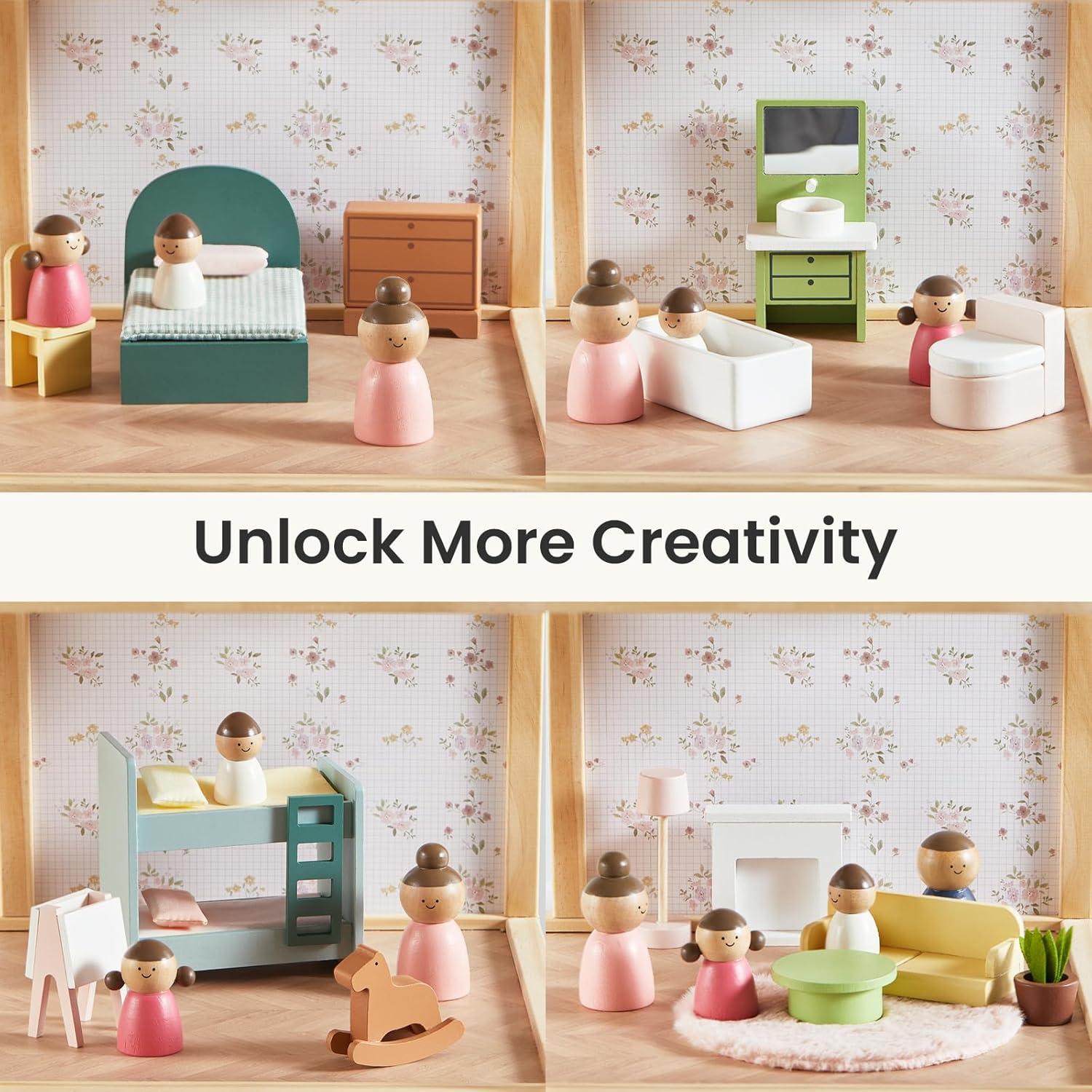 Casa de Muñecas de Madera Tiny Land 6 Habitaciones Verde