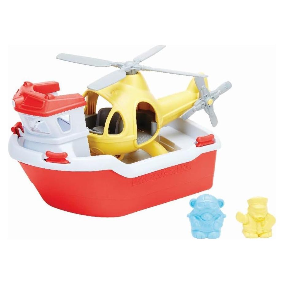 Barco de Rescate Green Toys con Helicóptero Rojo y Personajes