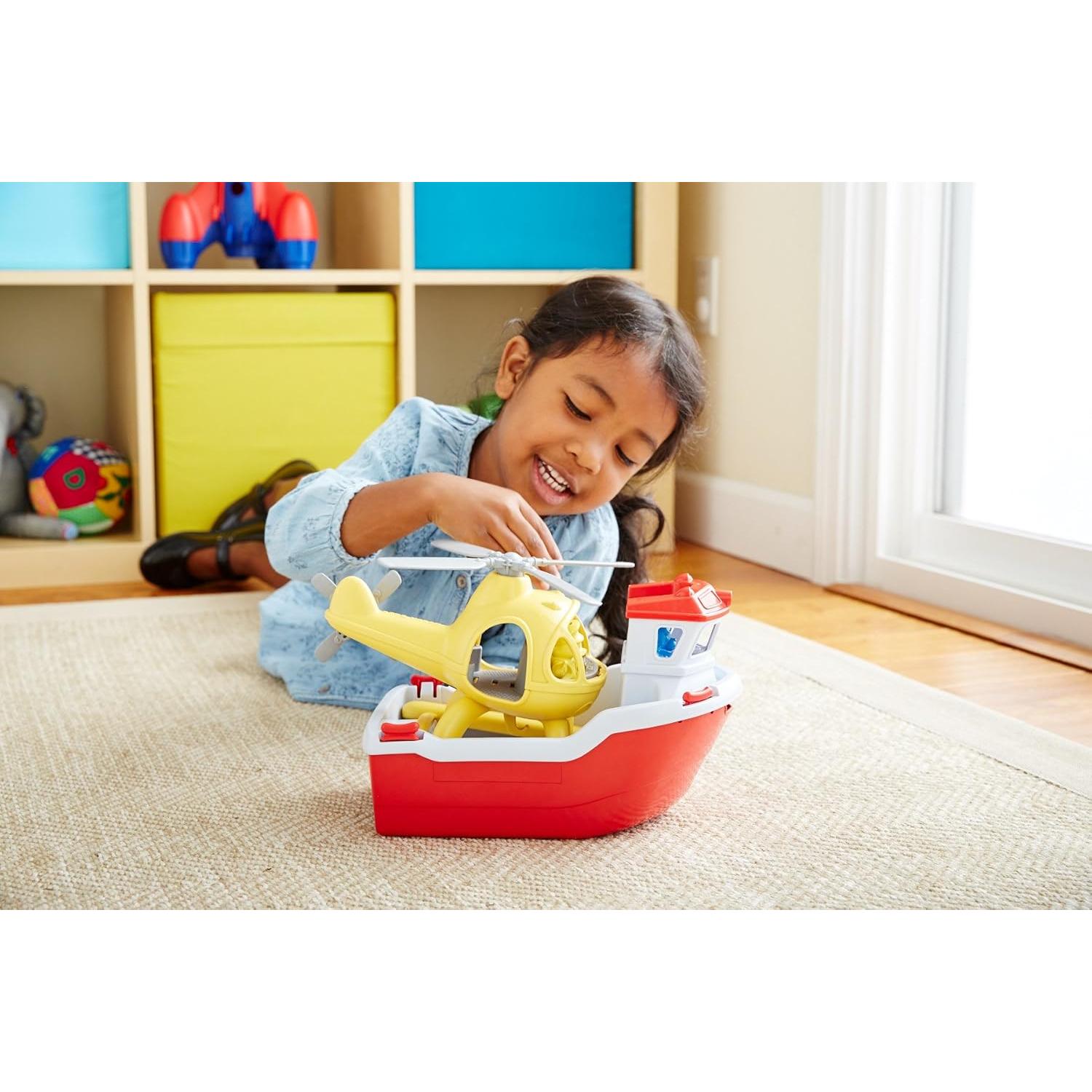 Barco de Rescate Green Toys con Helicóptero Rojo y Personajes