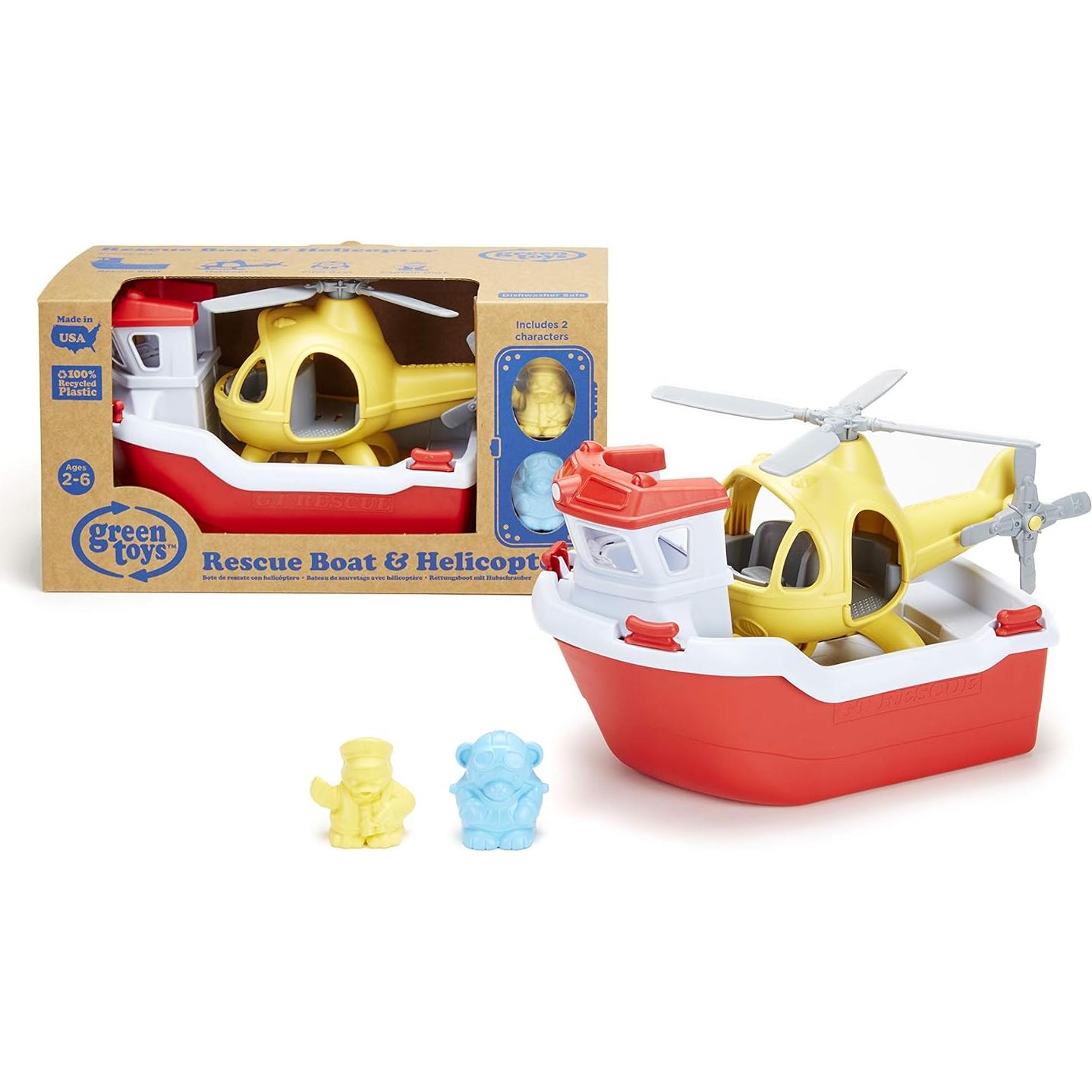 Barco de Rescate Green Toys con Helicóptero Rojo y Personajes