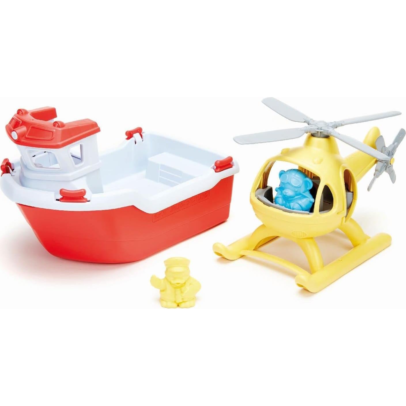 Barco de Rescate Green Toys con Helicóptero Rojo y Personajes
