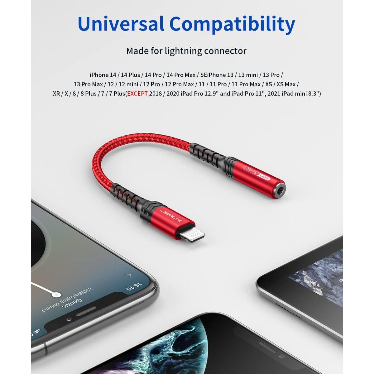 JSAUX Headphone Adapter for iPhone Lightning to 3.5mm Adapter [Apple MFi Certified] Compatible with iPhone 14 Pro Max/14 Plus/13 12 11 Pro Max/SE/XS-Red