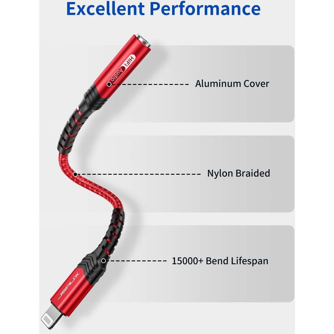 JSAUX Headphone Adapter for iPhone Lightning to 3.5mm Adapter [Apple MFi Certified] Compatible with iPhone 14 Pro Max/14 Plus/13 12 11 Pro Max/SE/XS-Red