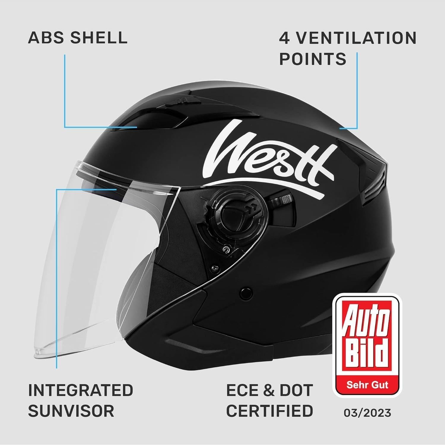 Casco Abierto Westt Jet Negro Doble Visera Solar 3/4 S