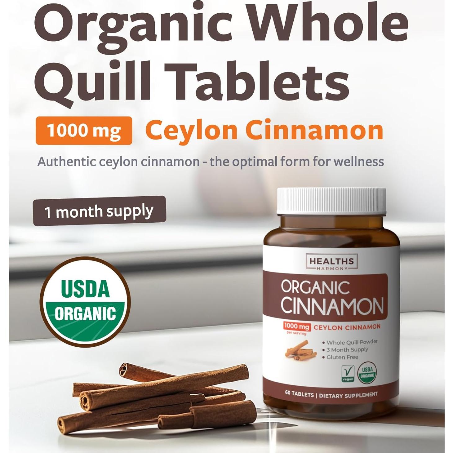 Píldoras de Canela de Ceilán Orgánica Healths Harmony 1000mg