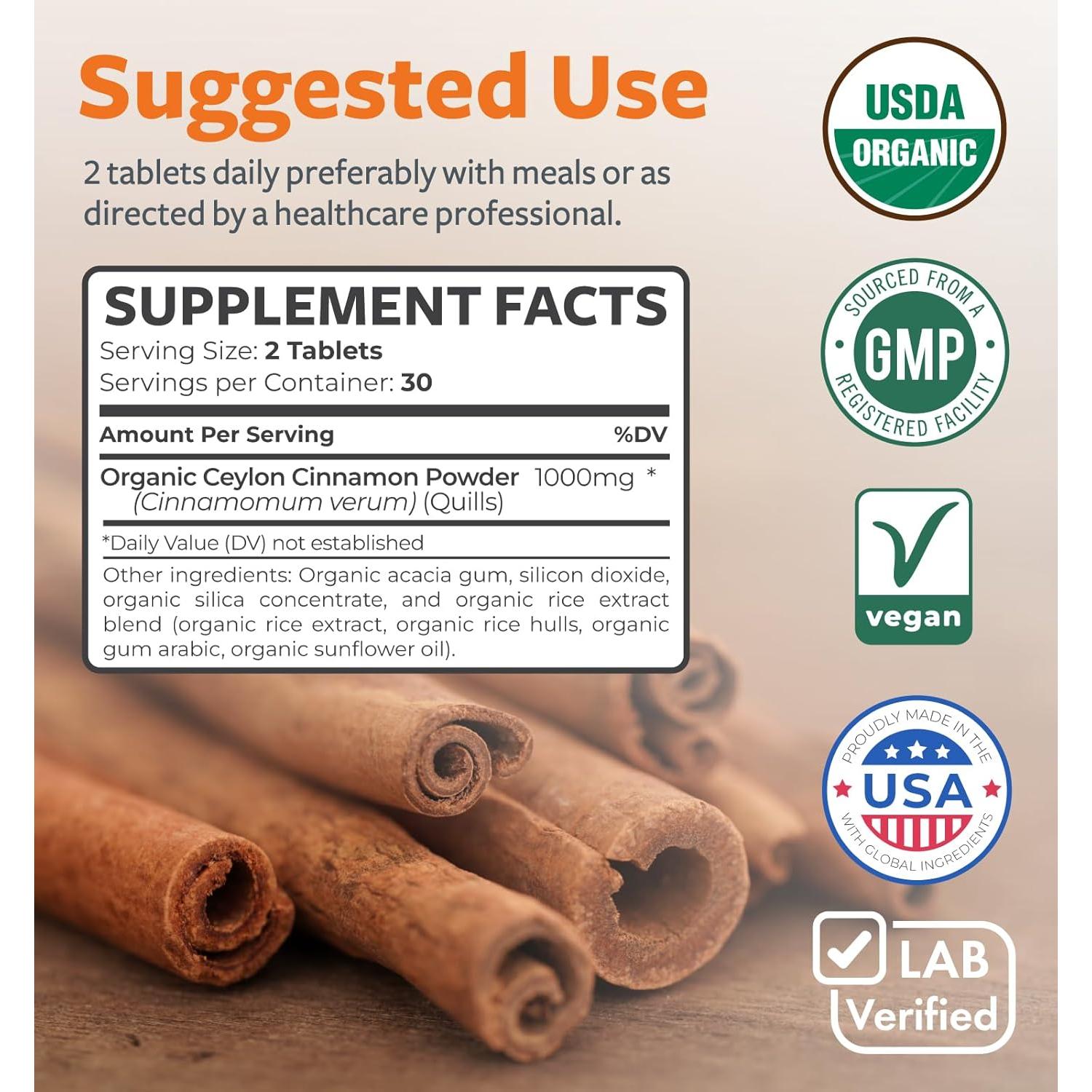 Píldoras de Canela de Ceilán Orgánica Healths Harmony 1000mg