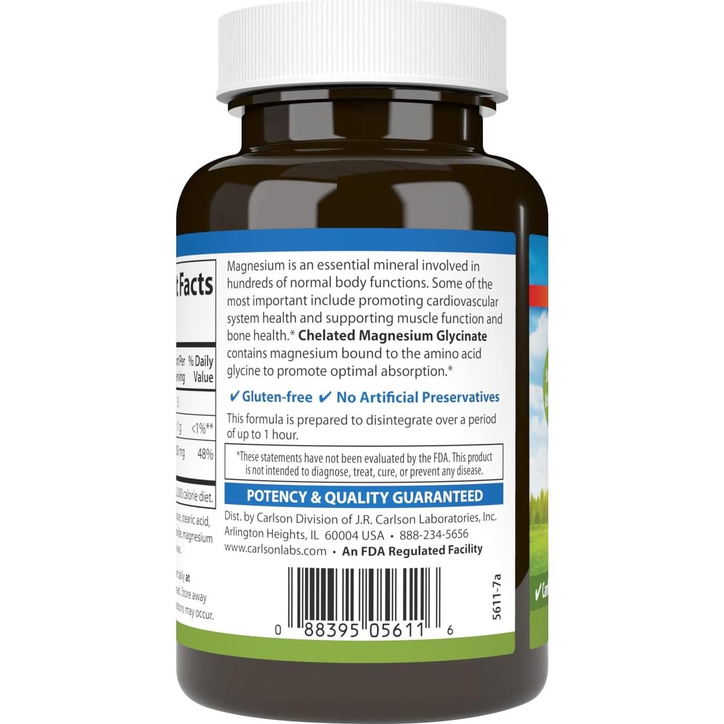 Magnesio Quelado Carlson 200 mg - 90 tabletas para corazón y músculos