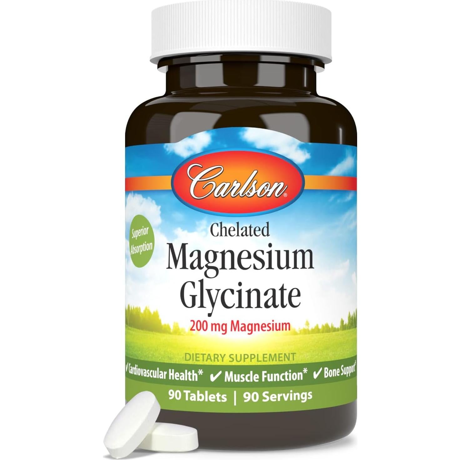 Magnesio Quelado Carlson 200 mg - 90 tabletas para corazón y músculos