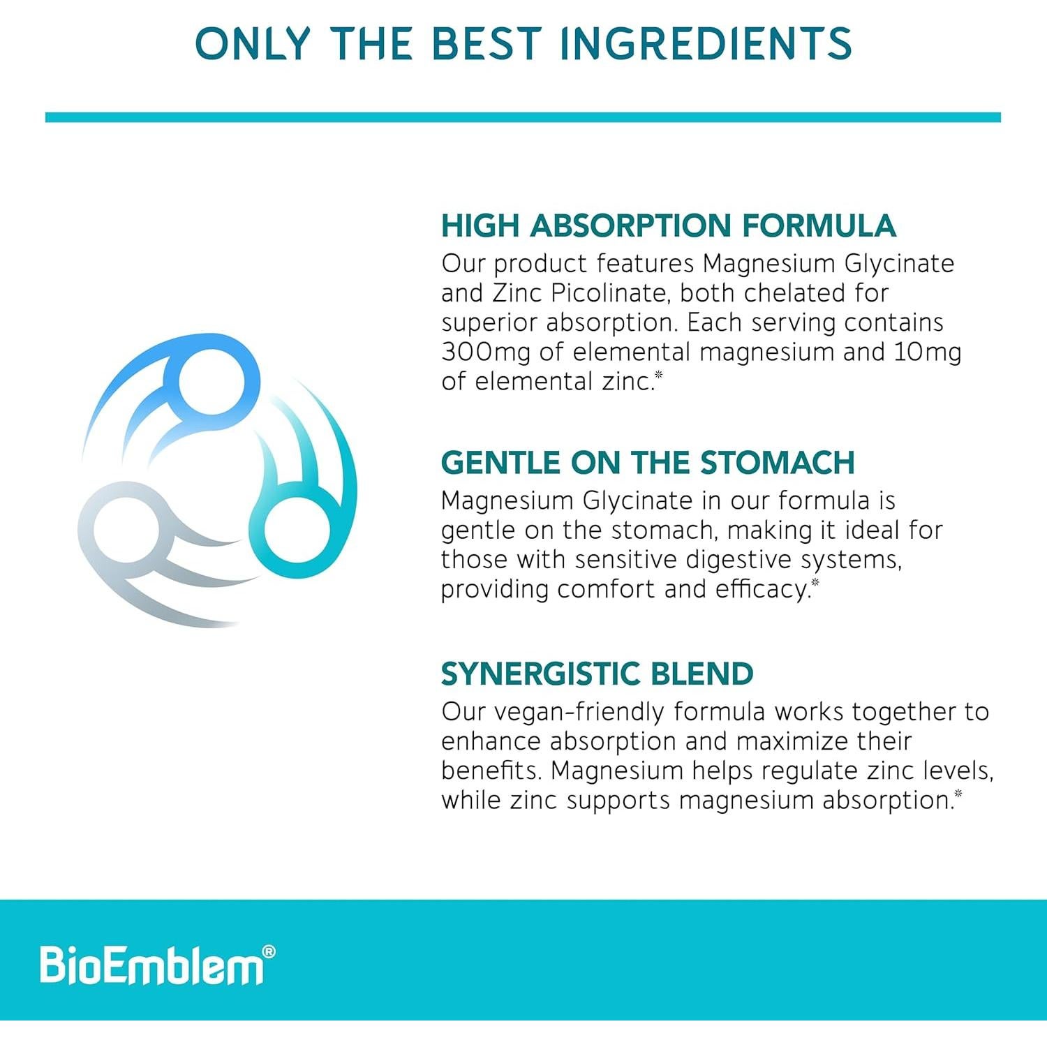 Suplemento de Magnesio Glicinato y Zinc BioEmblem - 300mg - 90 Cápsulas